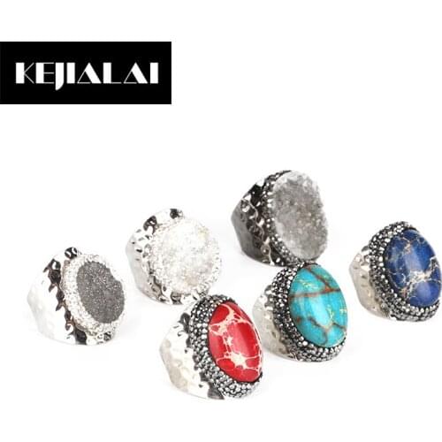Dankaishi Natural Sea Sediment Stone Ring for Men Punk Style Silver Color Metal Ring Paved with Rhinestone Druzy Crystal Jewelry