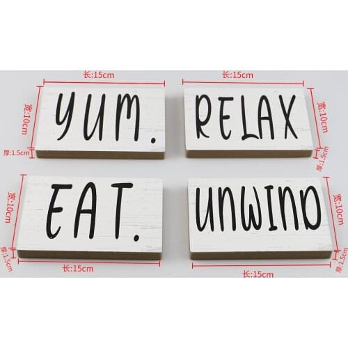 4PCS Wooden Tiered Tray Signs Art Words Print Wood Blocks, Unwind Relax, Yum Eat, Sign for Kitchen Window Sill Wall Decoration