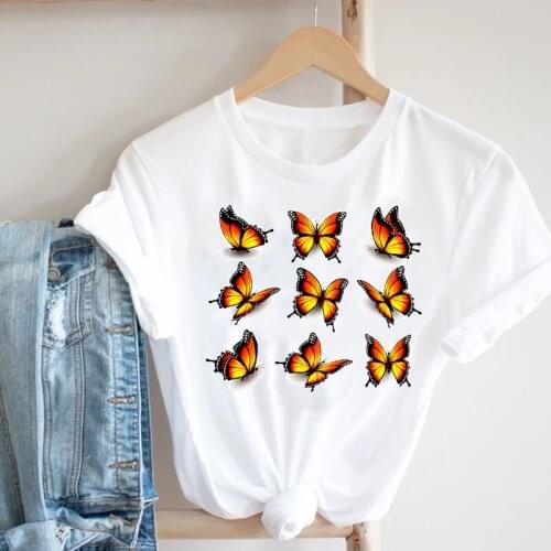 FIXSYS Ladies Harajuku Style Fashion Women Butterfly Printed 90s Cartoon Clothes Casual Tee Tops Female Graphic T-shirt
