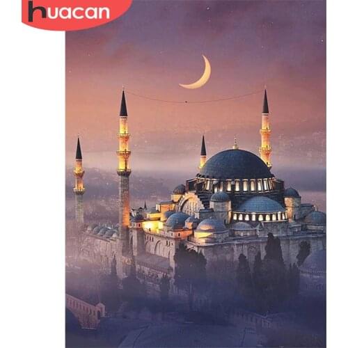 HUACAN 5D Diamond Embroidery Painting Mosque Rhinestone Kit Full Square Round Mosaic Church Landscape Needlework Handmade Gift