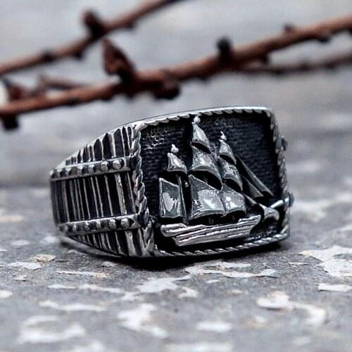 Retro Viking Pirate Sailobat Signet Ring Mens Stainless Steel Viking Amulet Rings Punk Gothic Sailor Lucky Jewelry Wholesale