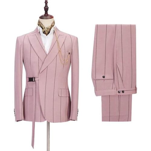 Costume Homme Fashion Wide Stripe Wedding Men Suits With Belt Party Prom Slim Fit Tuxedo Groom Terno Masculino Blazer 2 Pcs