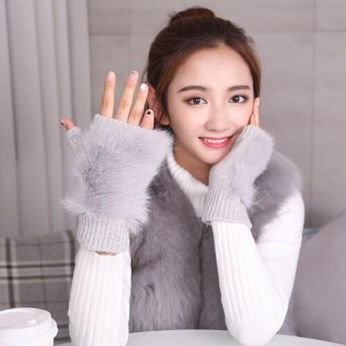 Rabbit. Fur Mitten Plush Glove Women Cute Winter Warm Half Finger Gloves Women Soft Tjicken Female Gloves Mitten keep warm