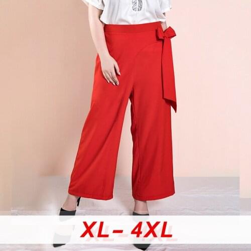 Office High Waist Wide Leg Women Pants Solid Red with Bow Streetwear Loose Trousers Plus Size Female Casual Ankle Length Pants