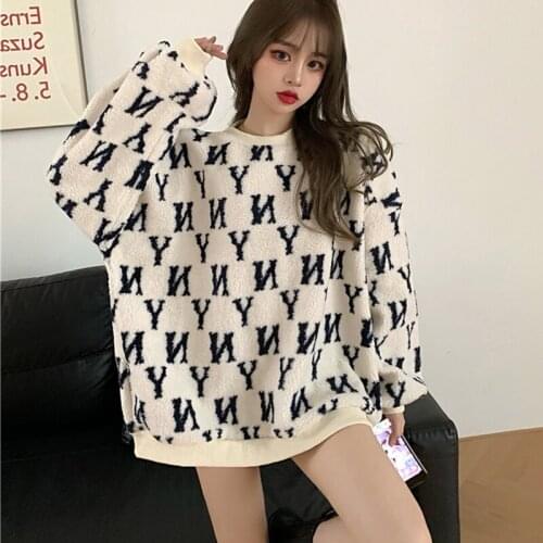 Autumn all-match loose letter jacquard plush sweatshirt long-sleeved hoodie all-match casual top women