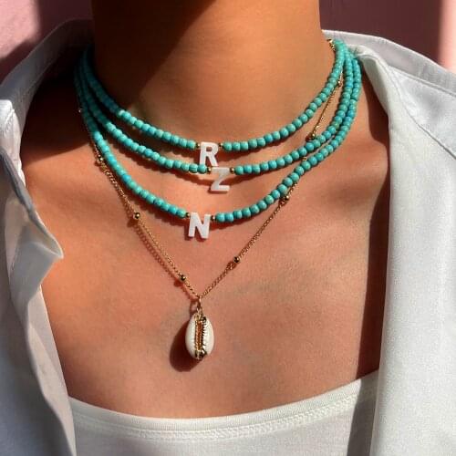 Boho Natural Shell Letter Beaded Necklace For Women Color Turquoise Bead Strand Choker Initial Necklaces Layered Charm Jewelry