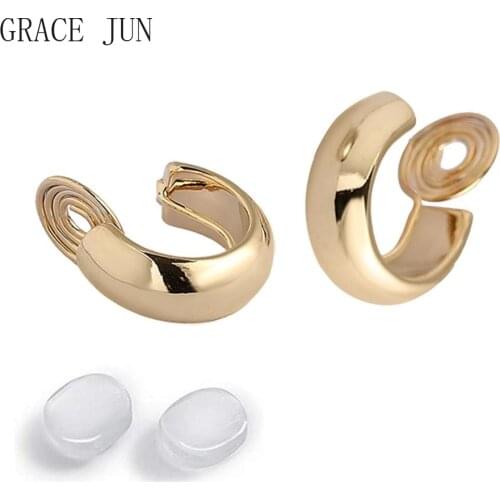 GRACE JUN C Shape Hoop Clip on Earrings No Pierced Fashion Luxury Gold Color Cuff Earrings Statement Lighweight Fake Earrings