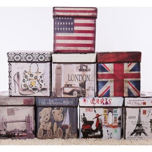 Retro Printed Film Storage Stool Storage Box Multifunctional Lidded Folding Storage