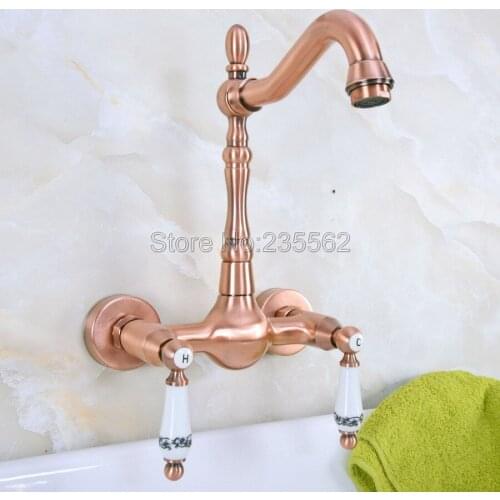 AAntique Red Copper Bathroom Kitchen Sink Basin Faucet Mixer Tap Swivel Spout Wall Mounted Dual Ceramic Handles Lnf952