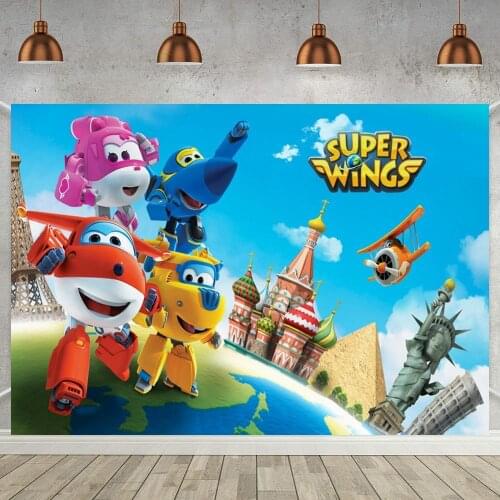 Super Wings Airplane Robots Cartoon Photo Background Kids Birthday Party Dessert Table Wall Poster Vinyl Backdrop For Home Decor