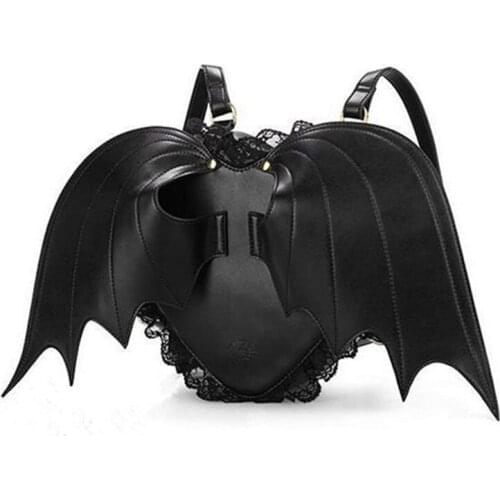 Quality fashion Backpacks Women Leather Heart-shaped Bat Backpack Shoulder Bag Punk School Bag For Teenager Angel Wings Daypack