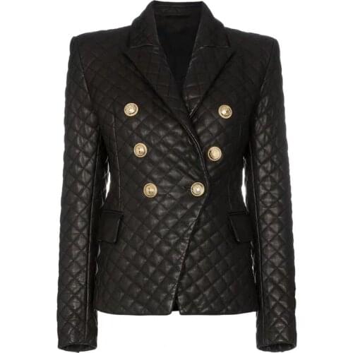 Top Quality New Latest Winter Blazer Female Jacket Double Breasted Buckle Slim Stitching Rhombic Black PU Leather Blazer Women