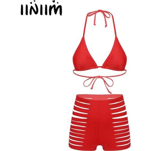 Women Two-piece Sexy Summer Party Bikinis Set Swimsuit Bathing Suit Lace-up Padded Bra with Hollow Out Sides High Waist Shorts