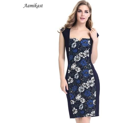 AAMIKAST Women Dresses 2019 Summer Square Collar Patchwork Flora Retro Rockabilly Tunic Pencil Party Work Cotton Dresses S-4XL