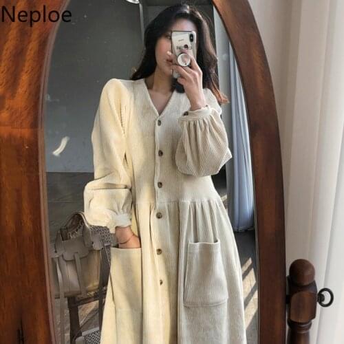 Neploe Korean Ins V Neck Single Breast Solid Dress Women Corduroy Loose Lantern Long Sleeve Vestido Autumn Long Ropa Temperament