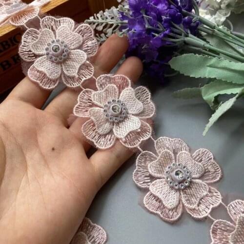 1 Yard 5cm Lace Trim Ribbon Pink Polyester Pearl Flower Embroidered Fabric Handmade Sewing Craft For Costume Hat Decoration