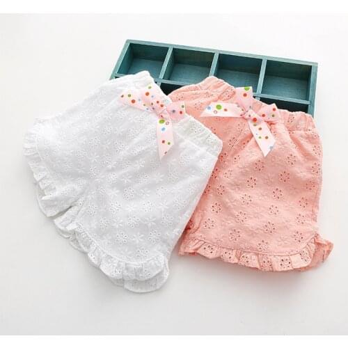 2021 Casual Child Kids Fashion Cotton Lace Embroidery Flower Bow Decoration Ruffle Sports Beach Girls Summer Shorts 2-10 Years