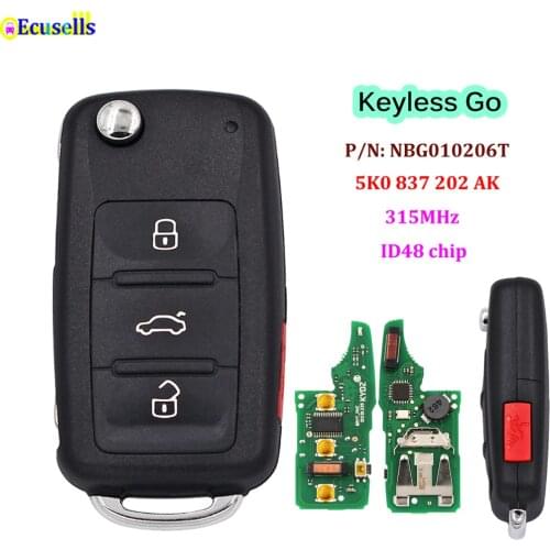 3+1/4 button Keyless-go Remote Key fob 315MHz ID48 Chip for Volkswagen 2011-2017 Models with Prox P/N: NBG010206T 5K0 837 202 AK