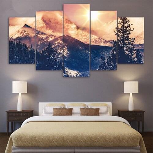 5 Pieces of Mountain Dawn Painting Winter Posters HD Printable Art Landscape Photos Living Room Wall Home Decoration Frameless