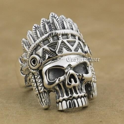 925 Sterling Silver Indian Chief Skull Ring Mens Biker Punk Ring 9W020 US Size 7 ~ 15
