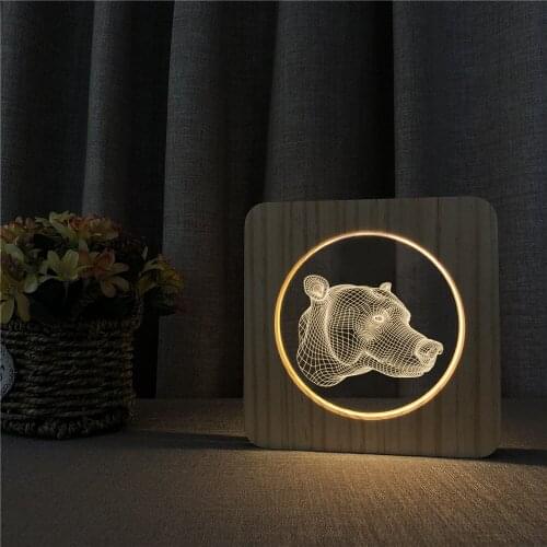Bear Head Animal Abstract 3D LED Arylic Wooden Night Lamp Table Light Switch Control Carving Lamp for Childrens Room Decorate