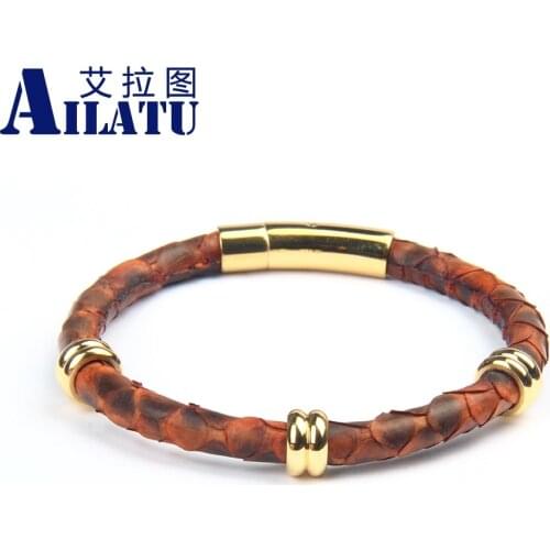 Ailatu Genuine Python Leather Bracelet with Stainless Steel Spacer Beads Clasp Buckle Bangle for Men Women
