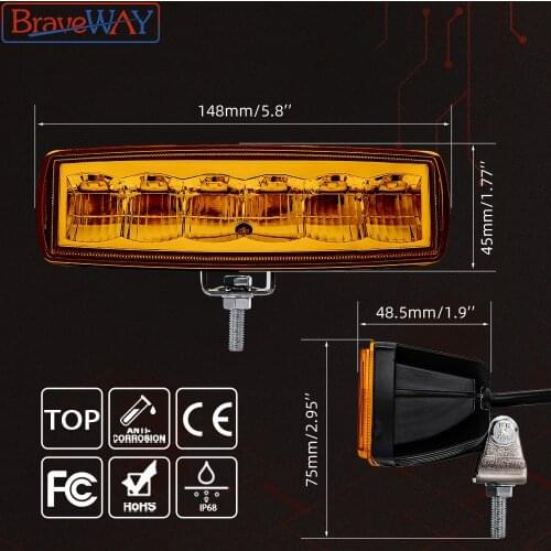 BravyWay Led Yellow Fog Light Truck 6 inch Work Light 30W 24V Light Bar 3000K Offroad Headlight Running Lights Bracket Led Ba
