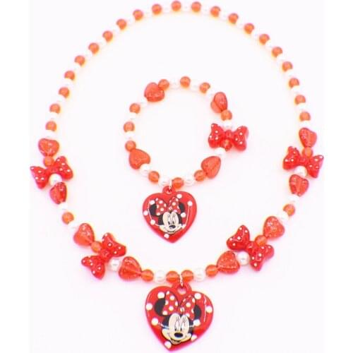 Disney Red bow cartoon Minnie childrens sweater chain bracelet Minnie Pearl Chain Necklace Jewelry Set Girls birthday gift