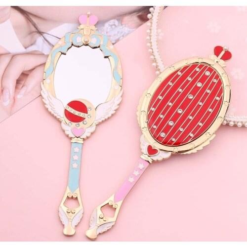 Hot Anime Sailor Moon Metal Oval Handheld Makeup Mirror Girl Crown Mirror Beauty Dresser Red Blue Makeup Mirror With Crystal