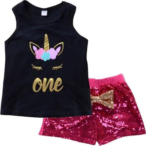 Summer Toddler Girls Clothes Set Baby Girl Tracksuit Birthday Outfit Kids Vest+ Sequin Shorts Sets For Childrens Unicorn Suits