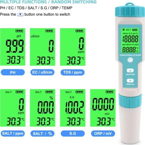 7 in 1 PH/TDS/EC/ORP/S.G/Salinity/Temperature Multi-Parameter Pocket Water Quality Tester for Pools Drinking Water Aquariums