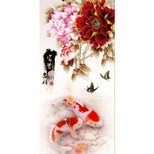 Riches and Honour Peony Carp Embroidery Cross Stitch Kits Sets Needlework Flower 14CT Unprinted Fish DIY Arts Handmade Decor