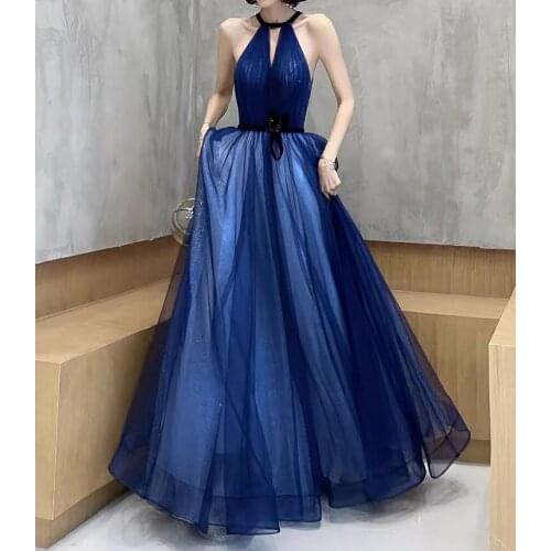 Royal Blue Celebrity Dresses Chic Halter Neck Backless sleeveless A-Line Tull Long Red Carpet Evening Prom Gowns Elegant New