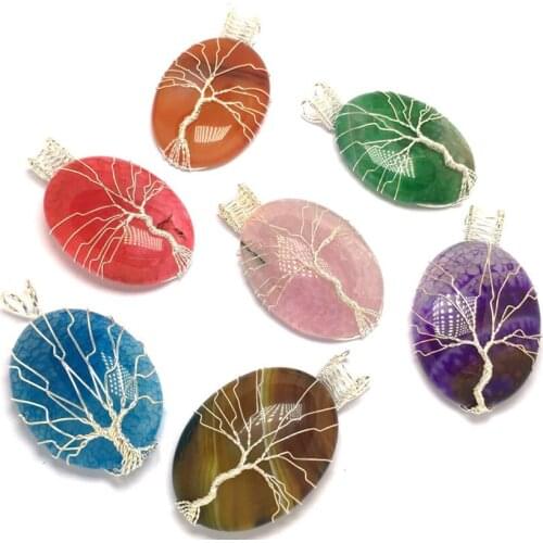 Silver Plated Wire Wrap Oval Shape Many Colors Agates Pendant Tree of Life Ethnic Style Jewelry