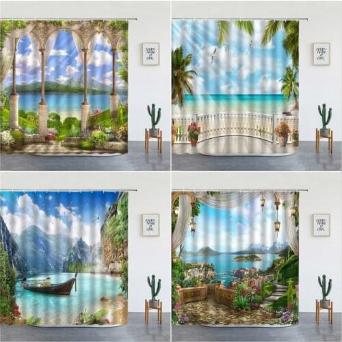 Ocean Beach Natural Scenery Shower Curtains Flowers Palm Tree Mediterranean Landscape Bathroom Decor Bathtub Screen With Hooks
