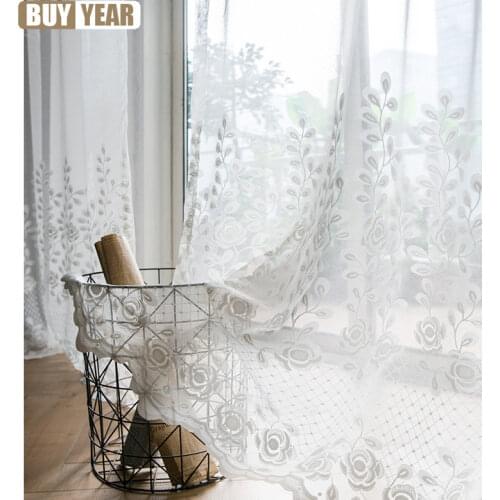 Modern Simplicity Solid Jacquard White Rose Floral Tulle Voile Sheers Curtains for Living Room Bedroom Windows