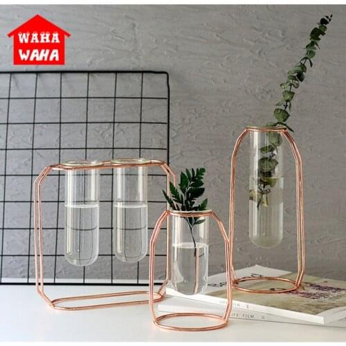 Nordic Style Glass Iron Art Vase Rose Gold Ceometric Shape Flowerpot Garden Modern Home Decor Wedding Decoration Accessories