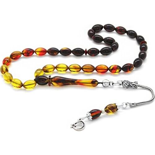 Tesbihane 925 Sterling Silver Tassels Wrist Size Extracted Honey Color Fire Amber Prayer Beads