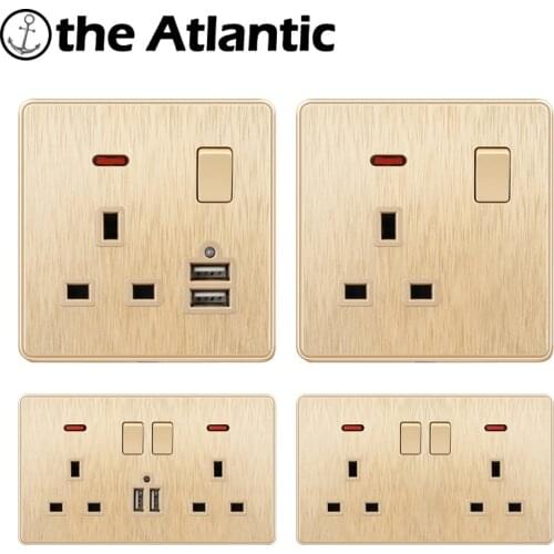 UK Standard Power Socket 13A Dual USB Charger 2.1A LED Indicator Single Double Wall Outlet Malta Singapore Luxury Gold Plastic