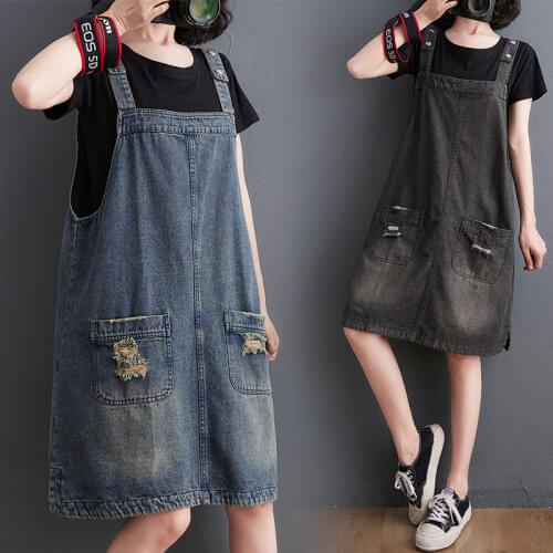 WomenDenim Hole Dress 2021 Summer New Korean Style Loose Suspender Dress Vintage Fashion Sleeveless Jeans Sling Sundress zh791