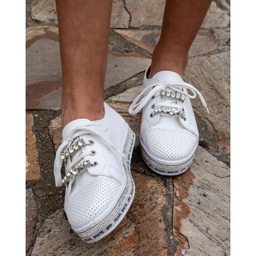 Stone Accessories White Lace-Up Women Sneakers