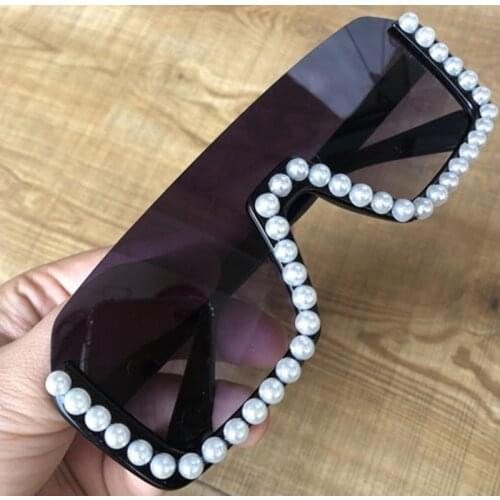 Ladies sunglasses unique square oversized frame with pearl goggles sunglasses fashion elegant sun visor sunglasses UV400