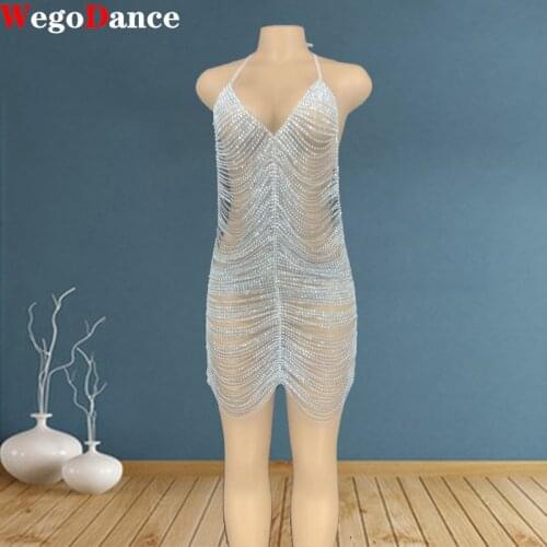 New Lady Silver Rhinestone Tassel Chain Women Sexy Hip High Split Luxury Party Halter Beach Nightclub Dress