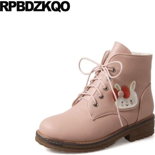 Booties 10 Ankle Big Size Pink Women Boots Winter 2017 Cartoon Flat Fur Round Toe Lace Up Kawaii Female New Fashion Chinese