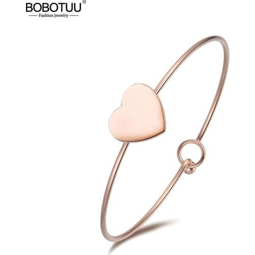 BOBOTUU Romantic Titanium Steel Heart Shape Cuff Bracelets & Bangles Luxury Engagement Wedding Bangle Jewelry For Women BB18034
