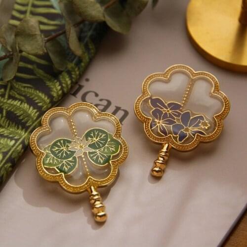 Enamel Plant Translucent Golden Fan Brooches For Women Fashion Jewelry Accessories Mori Chinese Style Lotus Pins Corsage
