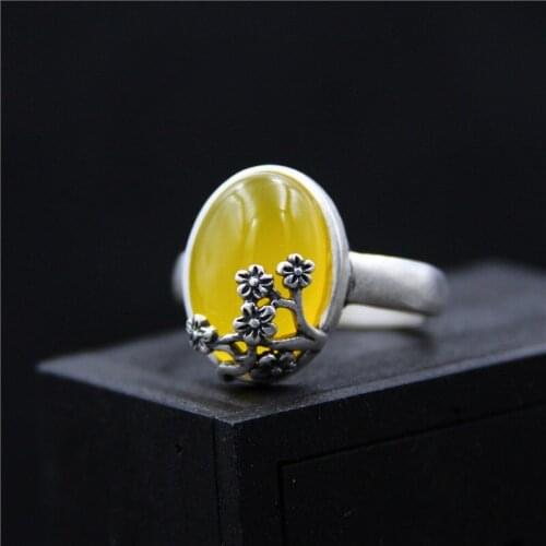 C&R 925 Sterling Silver Rings for Women Palace natural Yellow jade ring ladies Chalcedony Thai Silver Fine Jewelry Size 6-10