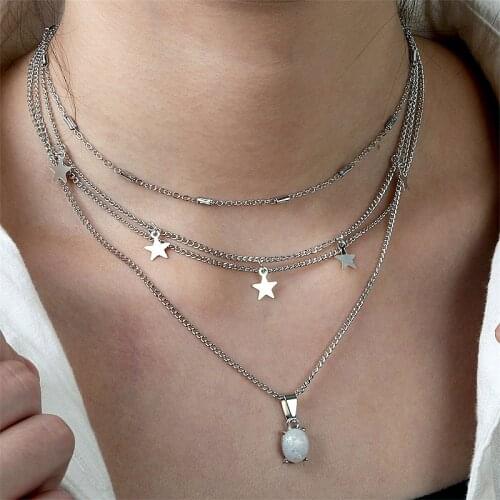 Boho Five-Pointed Star Multi Layer Choker Necklaces for Women Sexy Crystal Pendant Vintage Silver Color Necklace Jewelry