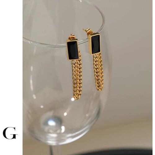 GHIDBK 2021 Fashion Street Style Geometric Green Black Square Cubic Zirconia Long Tassel Studs Earrings Stainless Steel Jewelry