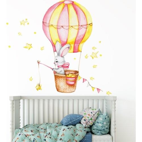 Fishing Rabbit Kids rooms Wall Decor Wall Stickers Hot air Ballon Nursery Bedroom Wall Decals Children room Murals Home Decor